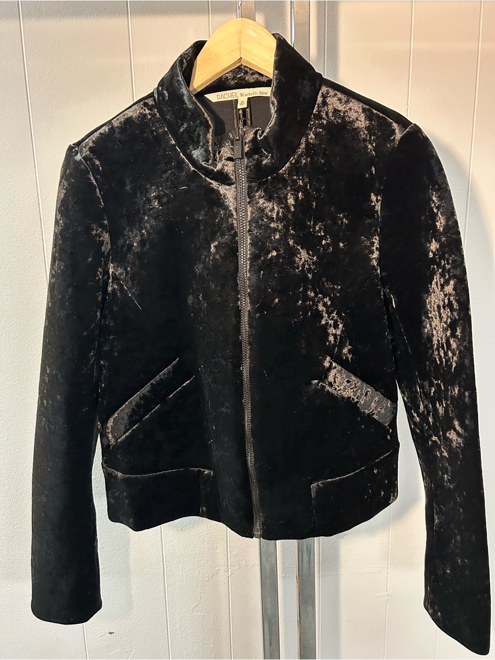 RACHEL Rachel Roy Black Velvet Zip-Front Bomber Jacket